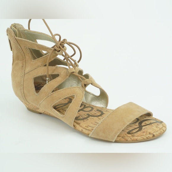 Sam Edelman Dean Beige Suede Demi Wedge Caged Sandal SZ 8 Cork Strappy - Picture 1 of 13